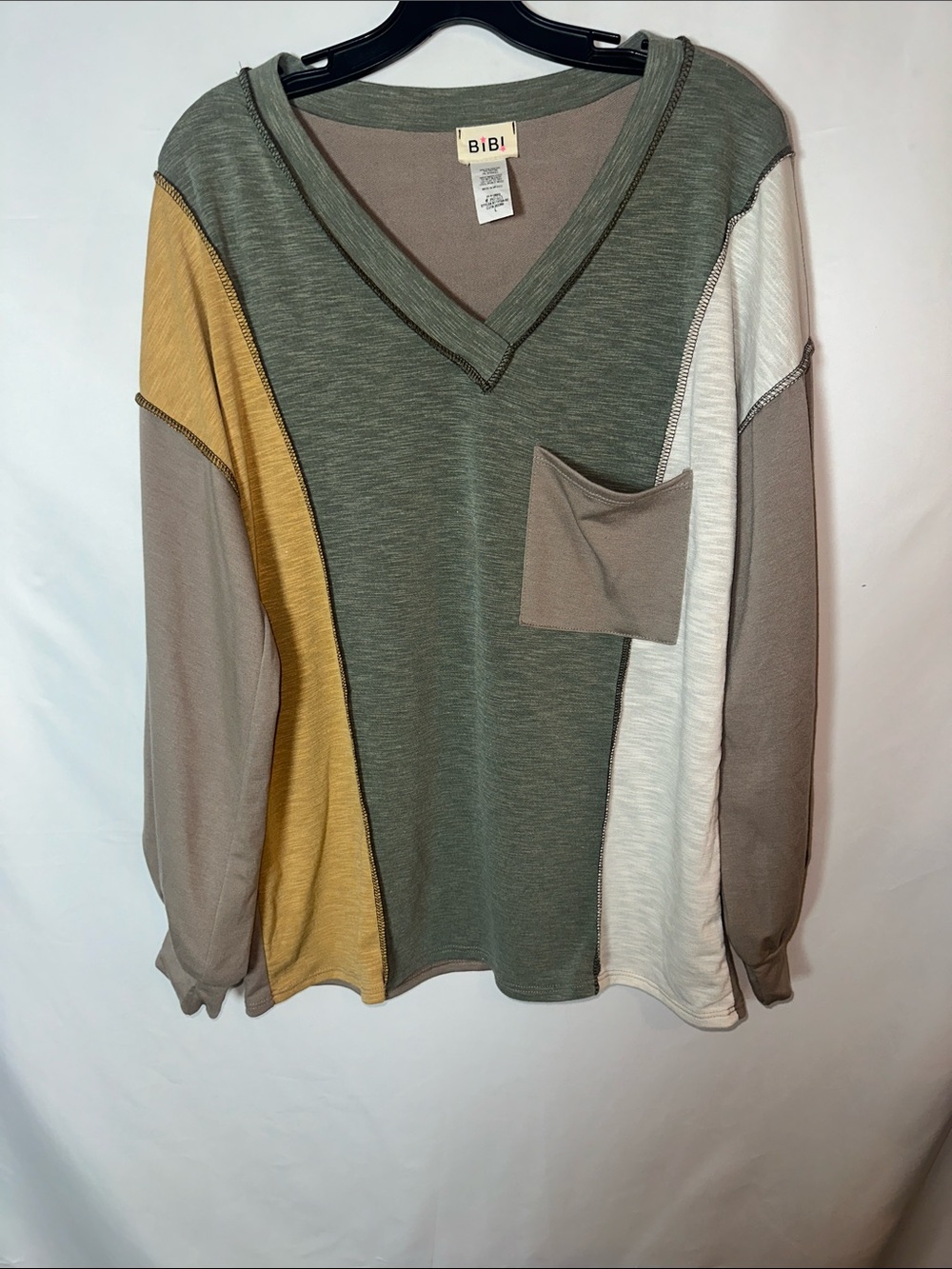 BiBi Olive, Mustard & Cream Colorblock V-Neck Pullover